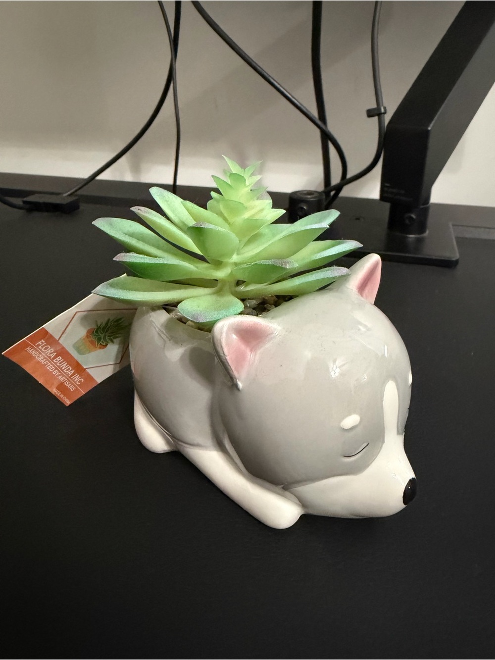 Ceramic Sleeping Husky Planter with Faux Succulent - Gray & Green